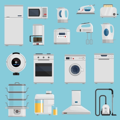 Household appliances icons set with microwave fridge and vacuum cleaner on blue background flat isolated vector illustration