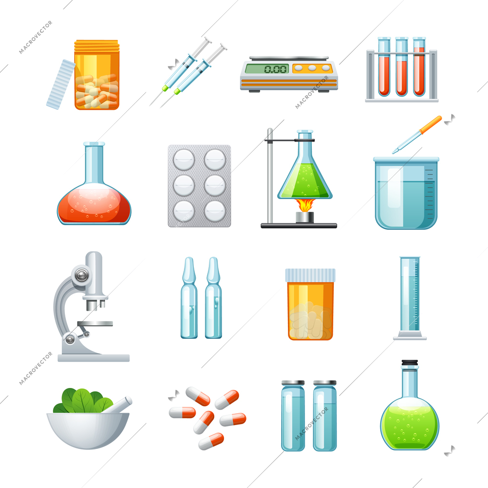 Pharmacology flat icons collection with microscope pills tablets and mixture medications microscope abstract isolated vector illustration