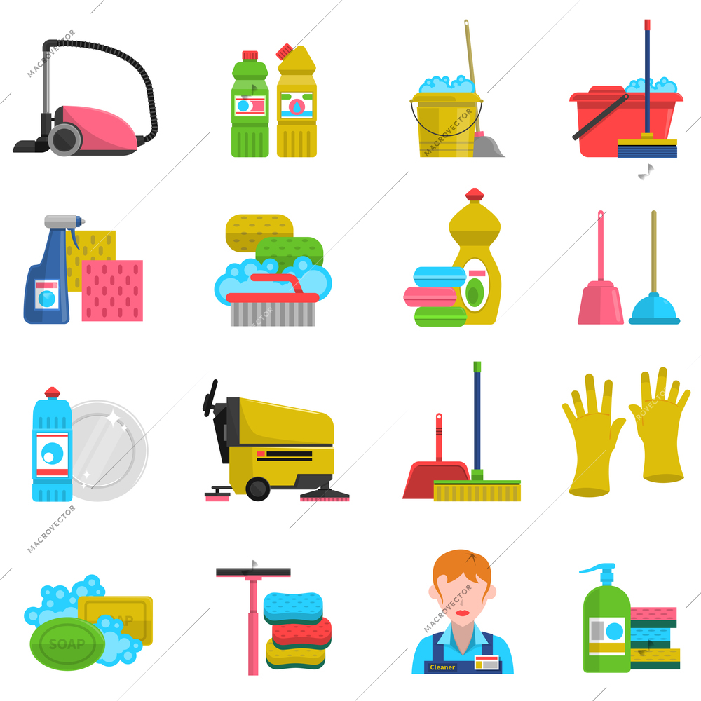 Cleaning icons set with mop soap and gloves flat isolated vector illustration