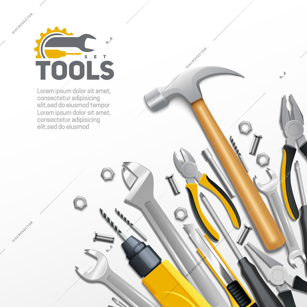 Carpentry construction and house renovation tools realistic  composition background poster with hammer screwdriver and spanner vector illustration