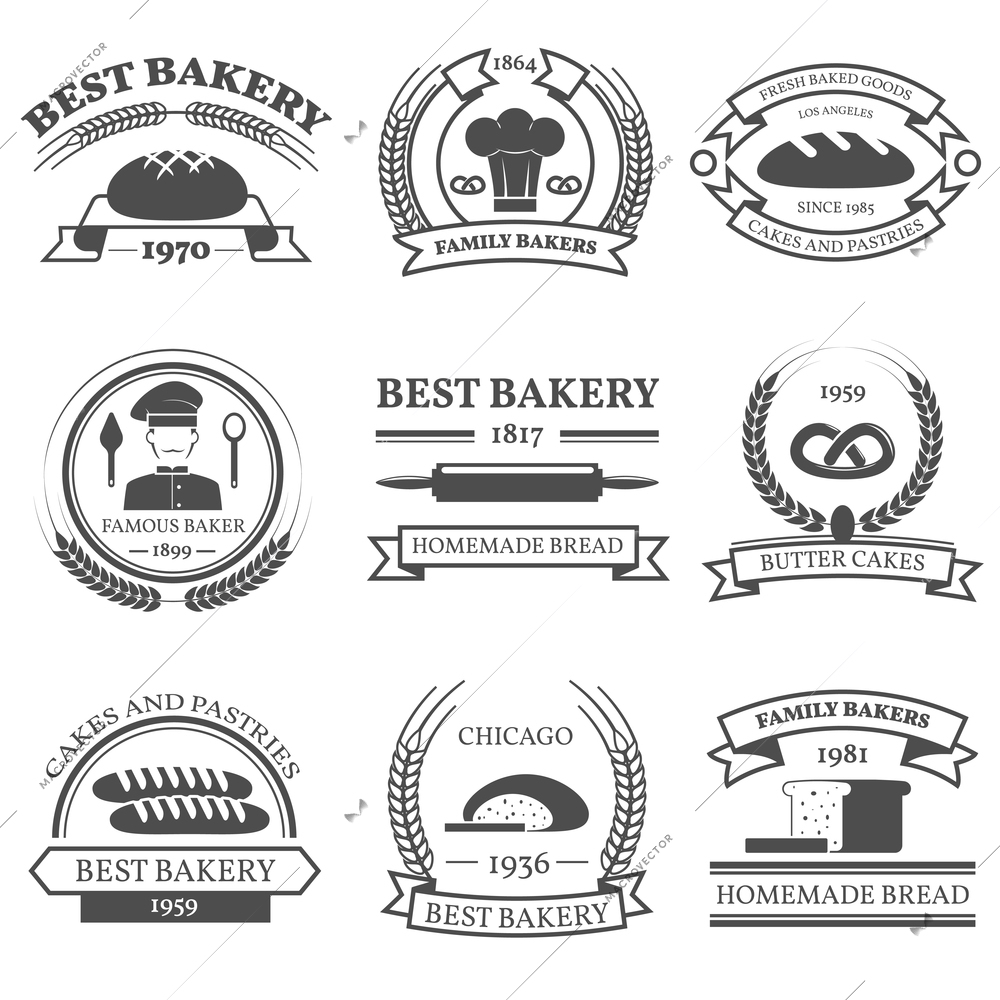 Bakery black white emblems set with bread and pastry symbols flat isolated vector illustration