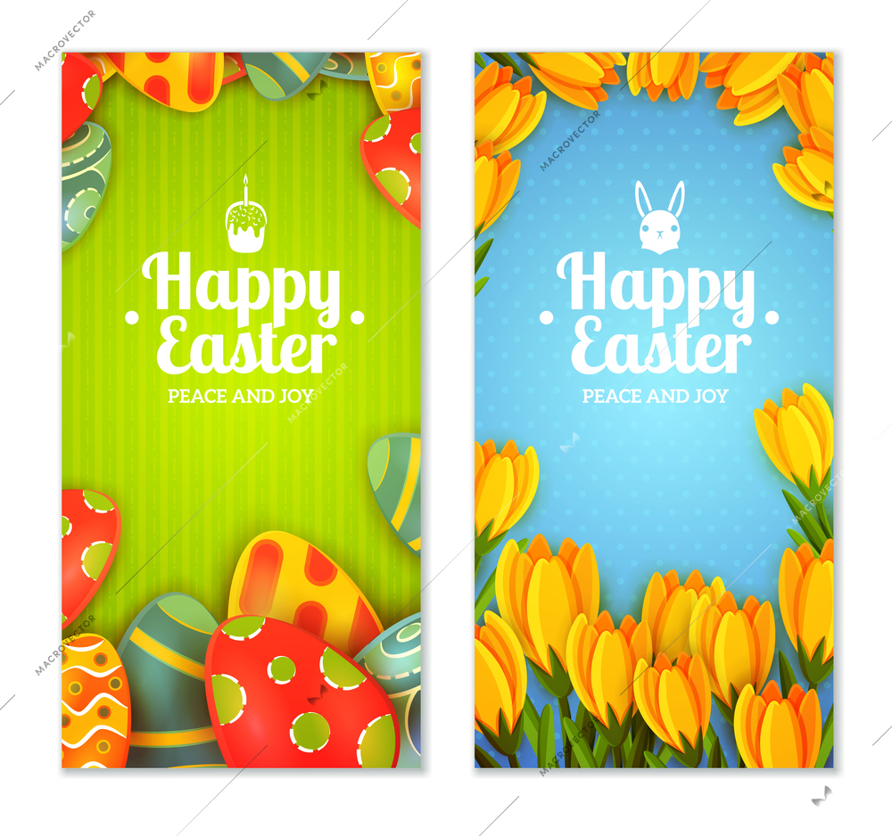 Easter vertical banner set with decorated eggs and spring flowers isolated vector illustraion