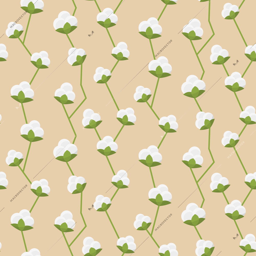 Cotton decorative seamless pattern wtih white fluffy flowers vector illustration