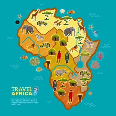 African continent poster divided with different types of tourism populating flora and fauna on the sea background vector illustration