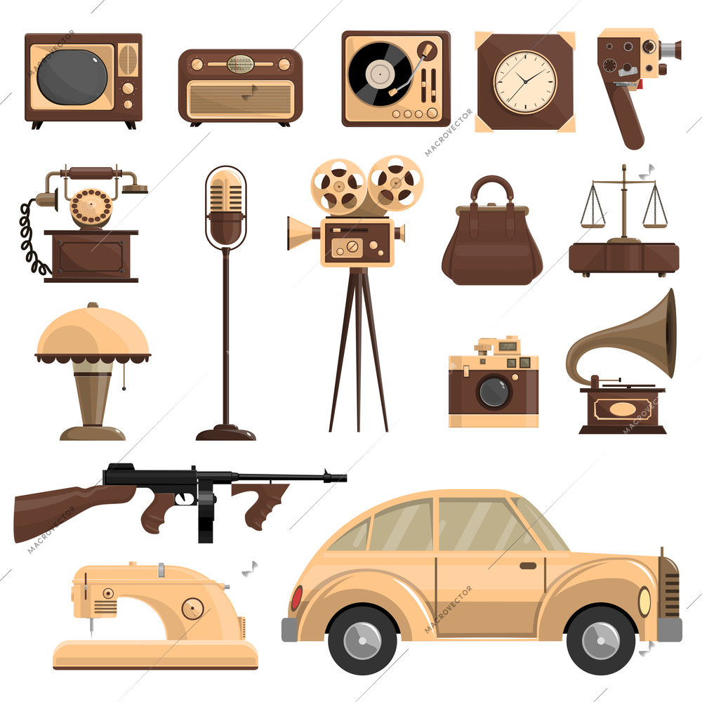 Retro objects set with a car a microphone and a camera flat isolated vector illustration