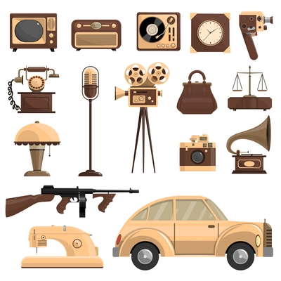 Retro objects set with a car a microphone and a camera flat isolated vector illustration
