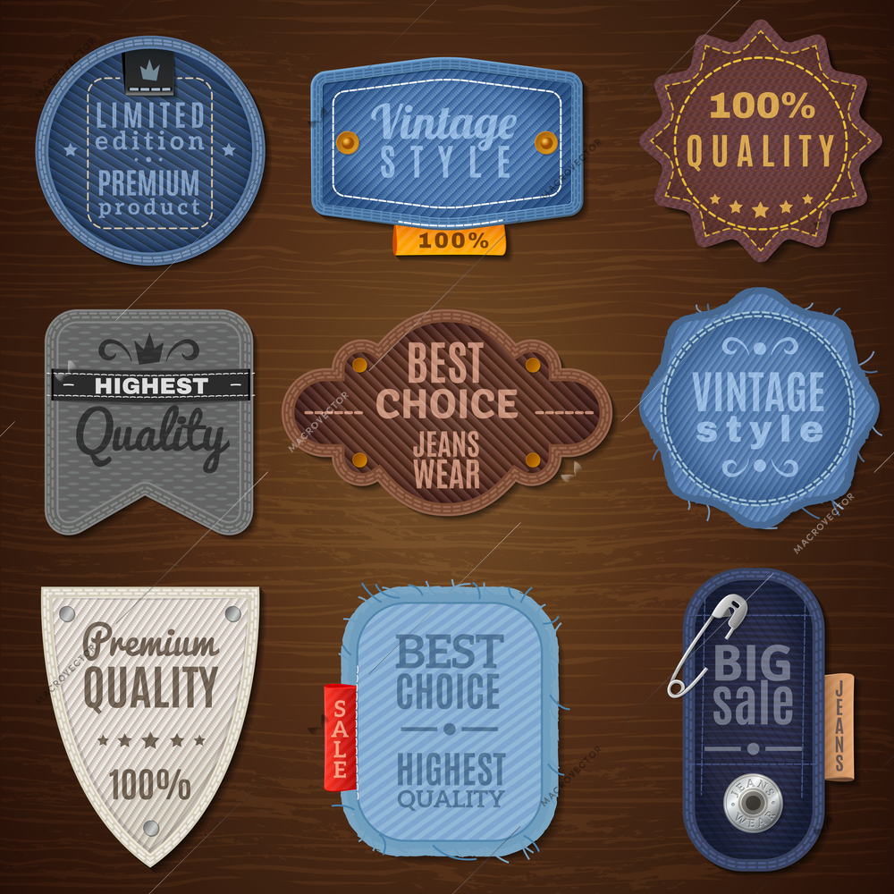 Vintage denim label icons on wood background with various forms vector illustration