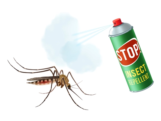 Realistic mosquito with insect repellent spray in dengerous diseases prevention concept vector illustration