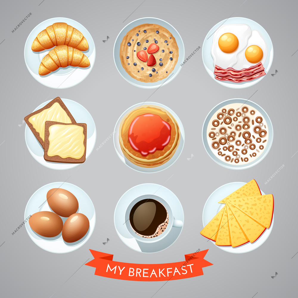 Poster of traditional european breakfast food elements on grey background with title isolated vector illustration