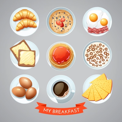 Poster of traditional european breakfast food elements on grey background with title isolated vector illustration