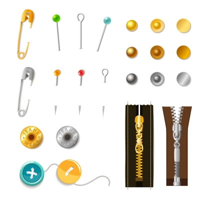 Metal accessories set including colored safety pins buckles and zippers isolated vector illustration