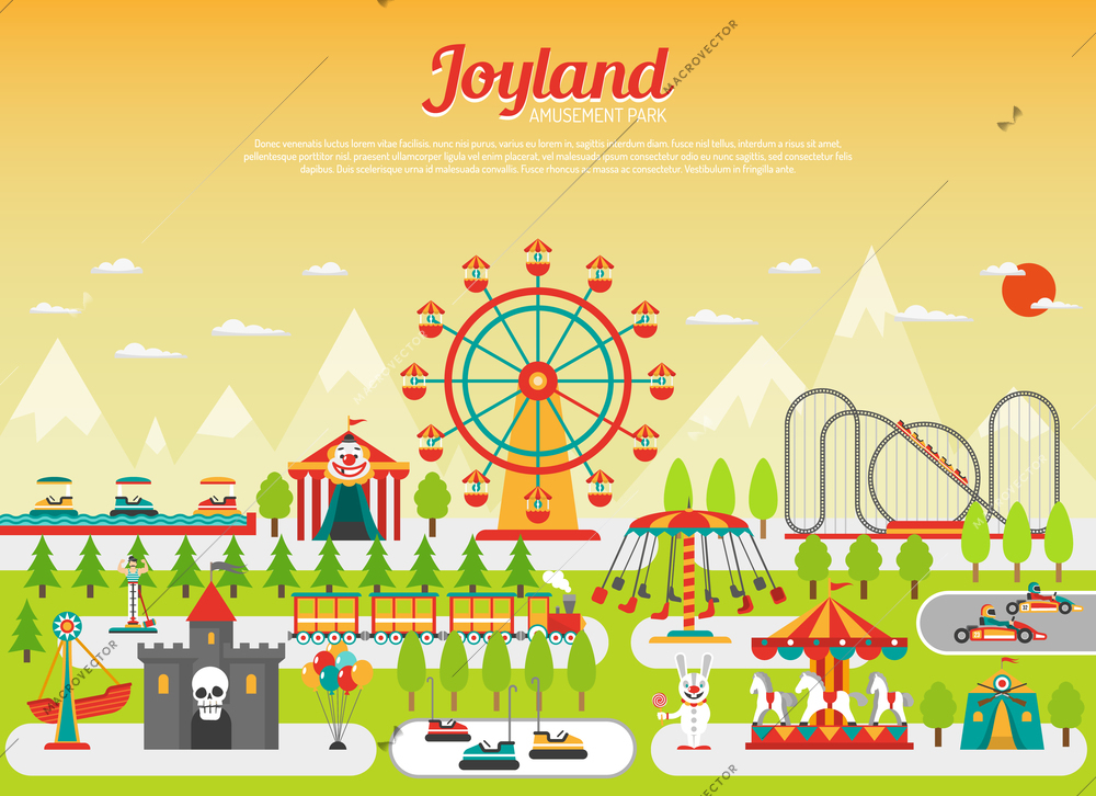 Amusement park concept with flat fairground elements with mountains on background vector illustration