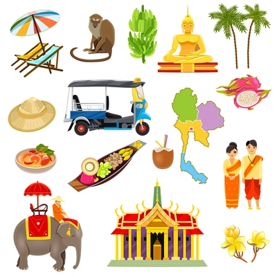 Thailand icons set with elephants coconuts beaches and boats cartoon isolated vector illustration