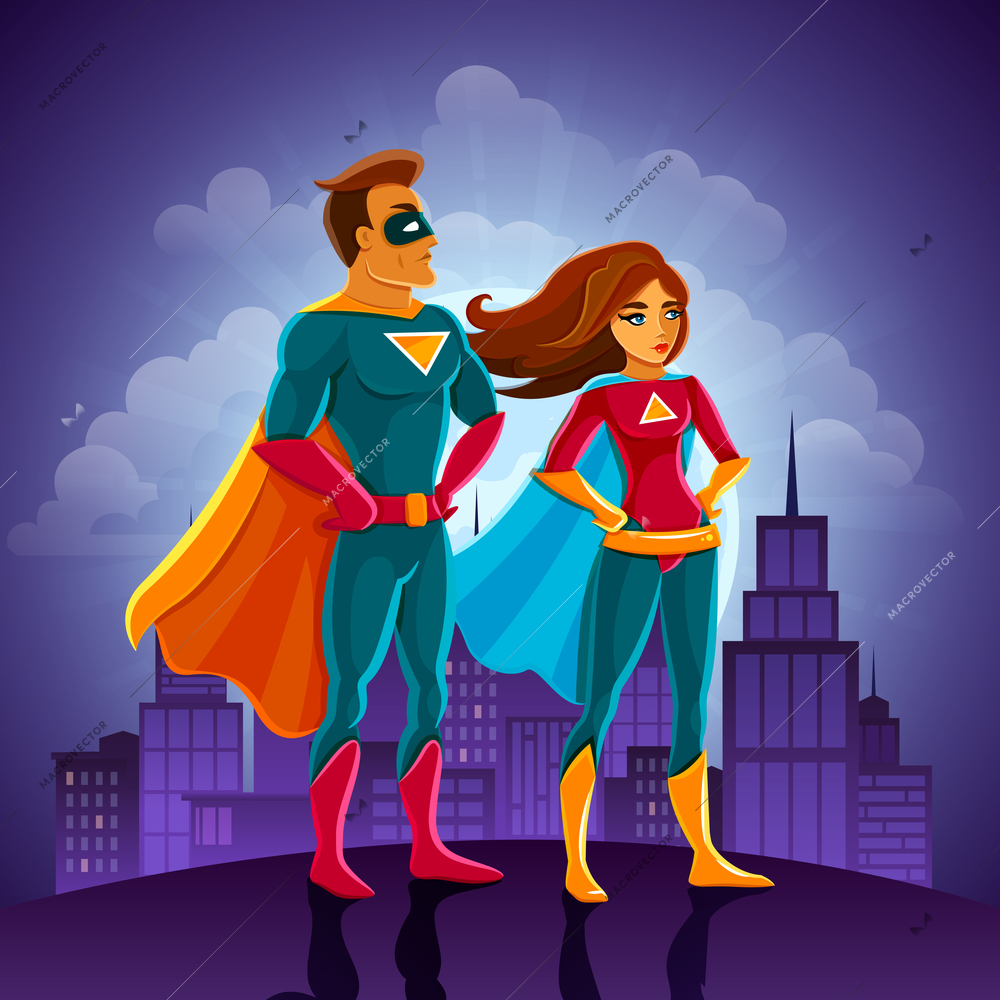 Super heroes couple man and woman standing with the cityscape vector illustration