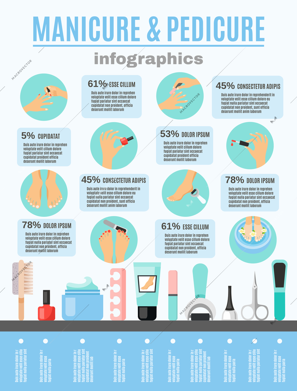 Manicure and pedicure tools accessories procedures information infographic poster with flat icons design abstract illustration vector