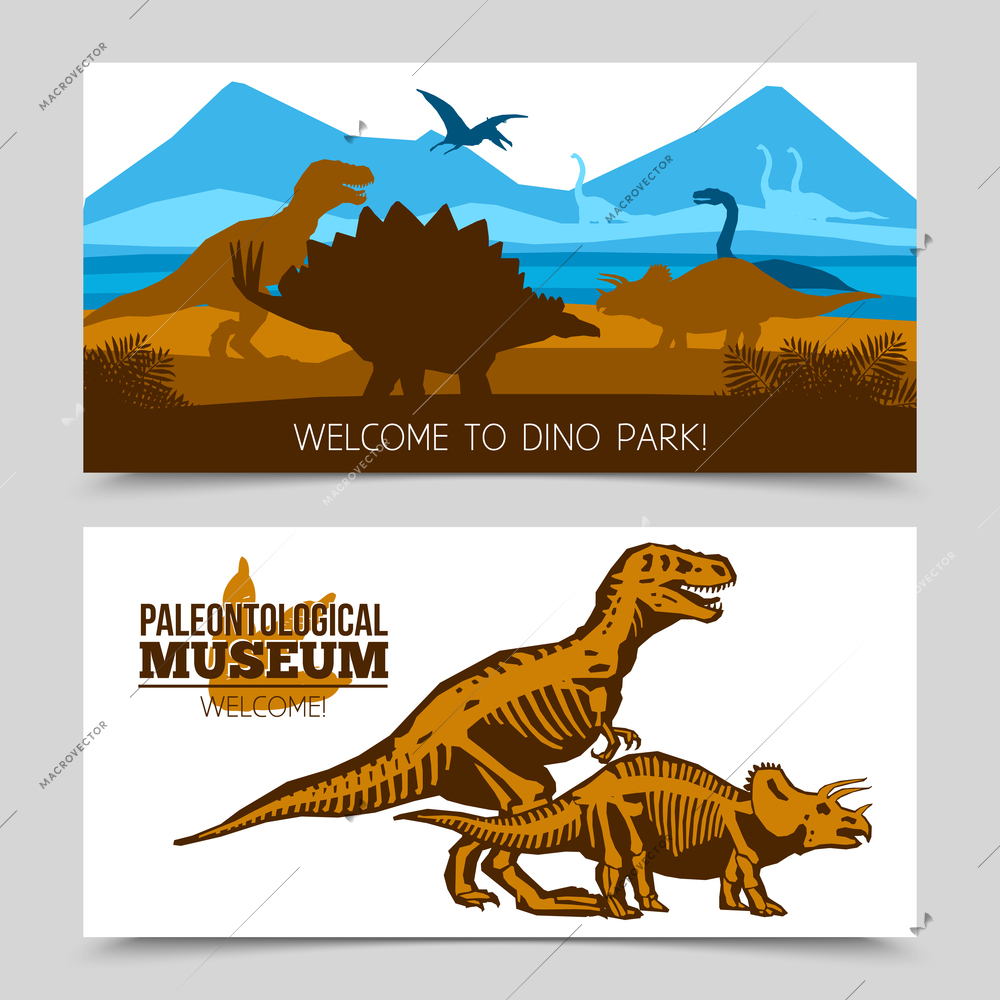 Flat horizontal banners of dino park and paleontological museum with dinosaurs and its skeletons silhouettes vector illustration