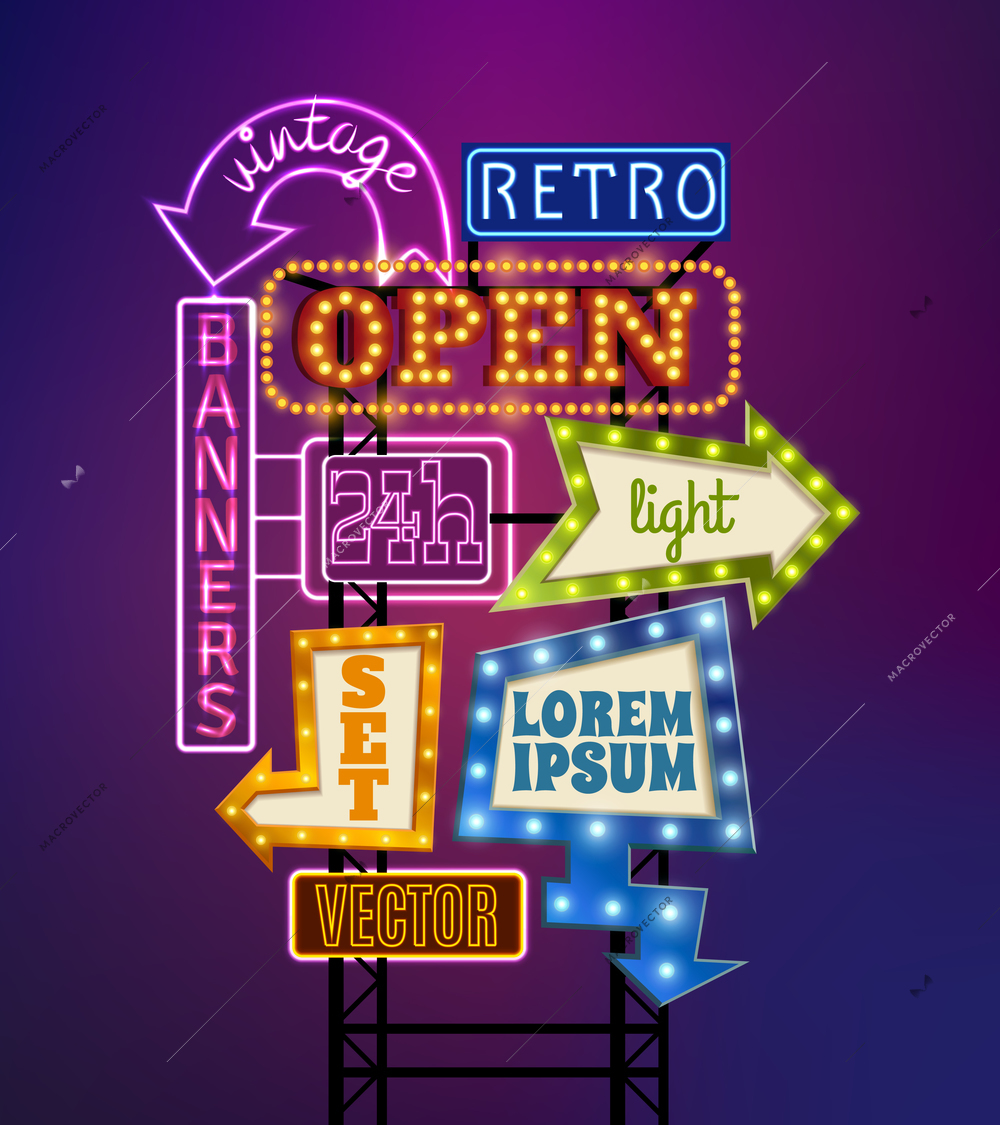 Retro signboard with light banners offers and advertising realistic vector illustration