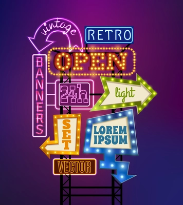 Retro signboard with light banners offers and advertising realistic vector illustration