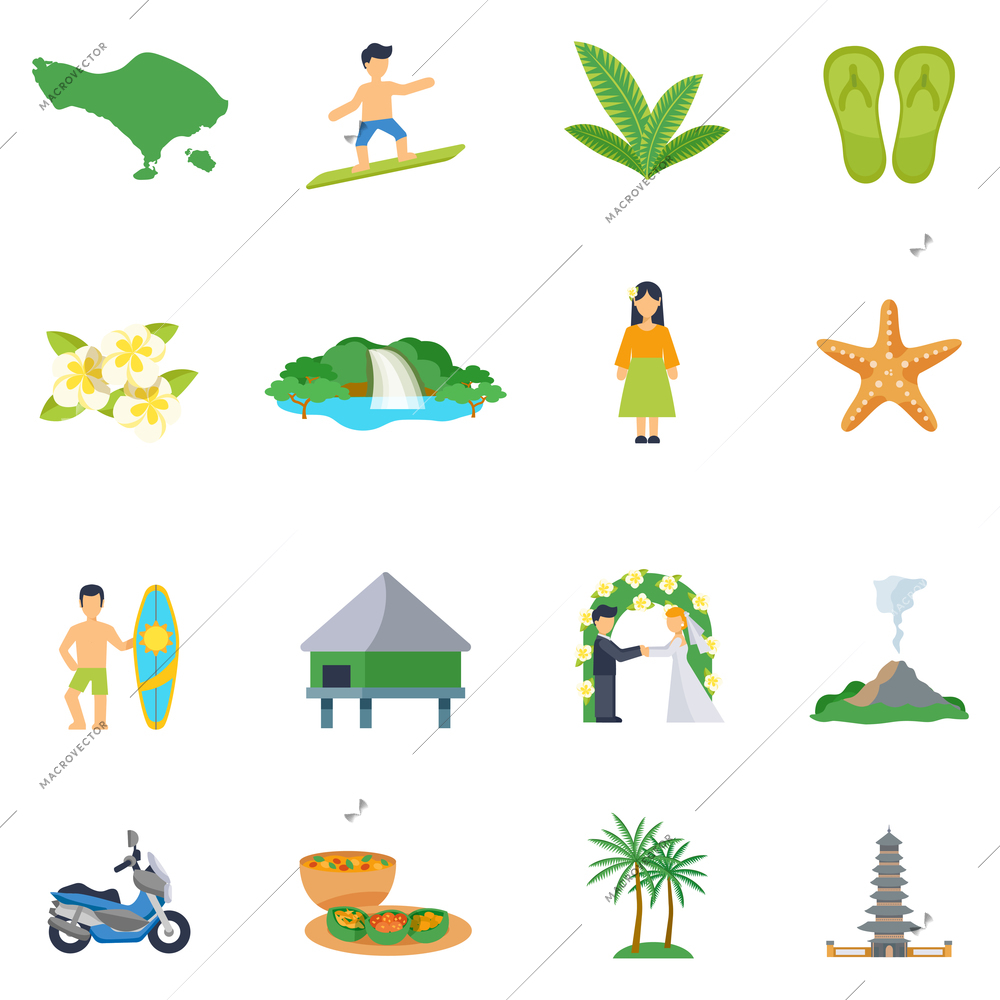 Set of flat icons about Bali with different types of entertainments and events isolated vector illustration