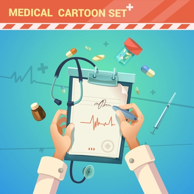 Medicine and treatment with doctor writing a prescription cartoon vector illustration