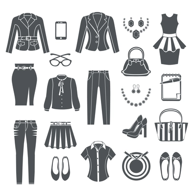 Modern woman clothes collection black icons set of dress pants blouse jeans handbag shoes and jewelry flat isolated vector illustration