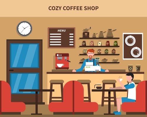 Cozy coffee shop bar interior retro style flat banner with barmen menu and customer abstract vector illustrat