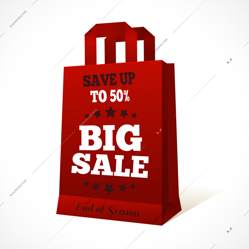 Red paper sale shopping bag with big sale text and stars design template vector illustration