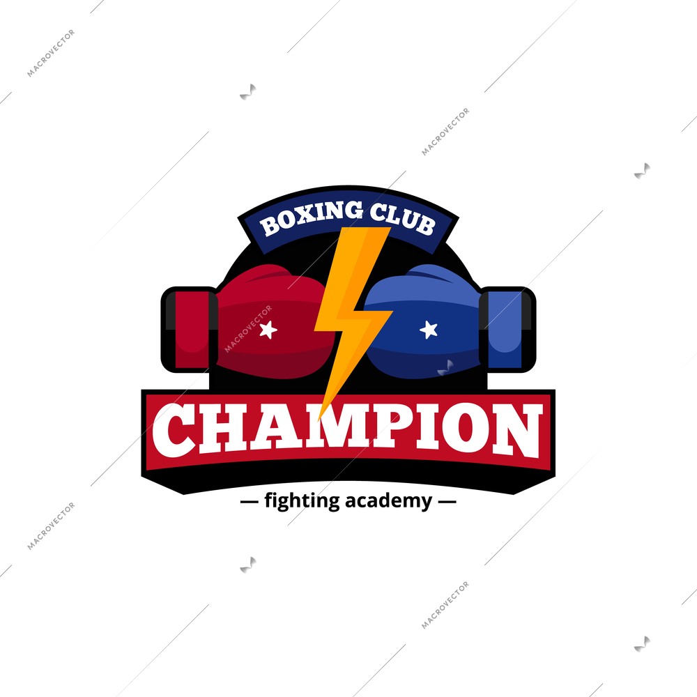 Fighting academy boxing champions club logo design in blue and red with golden lightning flat abstract vector illustration