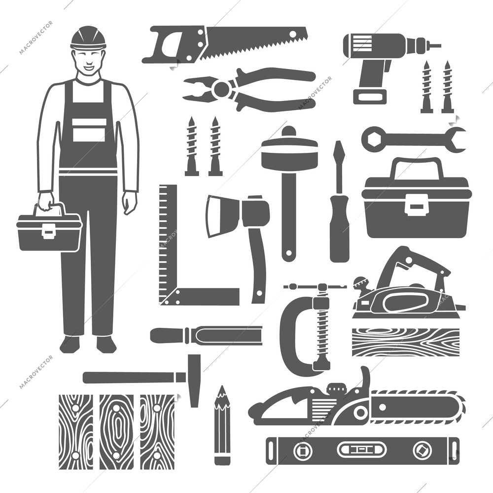 Black silhouettes icons set of sawing and carpentry tools and carpenter in overalls isolated vector illustration