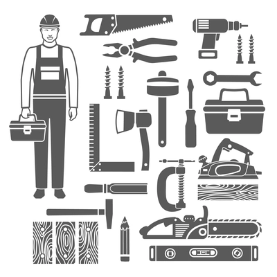 Black silhouettes icons set of sawing and carpentry tools and carpenter in overalls isolated vector illustration