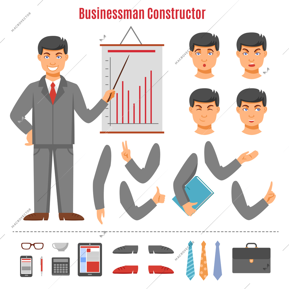 Businessman constructor set with young man face hands and business attributes flat icons isolated vector illustration