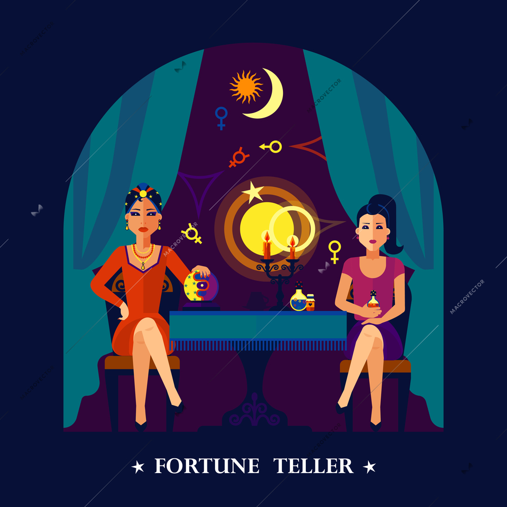 Beautiful young woman crystal ball fortune teller sitting with client dark colorful poster print abstract vector illustration