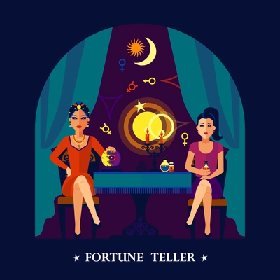 Beautiful young woman crystal ball fortune teller sitting with client dark colorful poster print abstract vector illustration