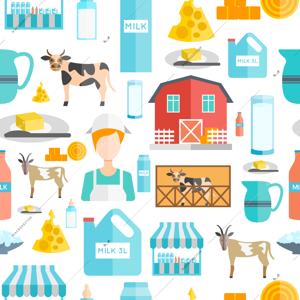 Milk seamless pattern with flat cows farmers and dairy products vector illustration