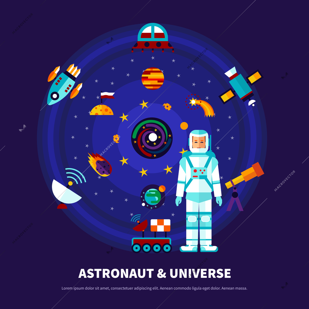 Astronaut and universe set with different space objects on blue background vector illustration