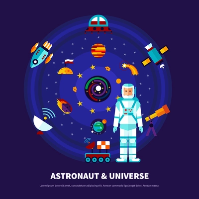 Astronaut and universe set with different space objects on blue background vector illustration