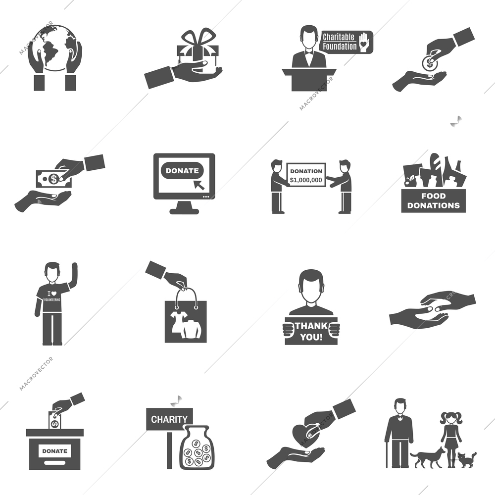 Charity black white icons set with donations symbols flat isolated vector illustration