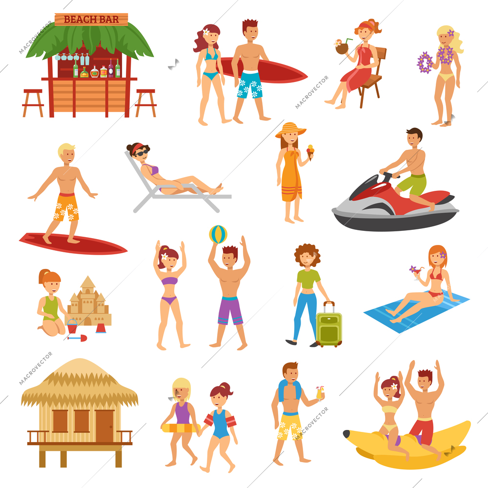 Beach flat icons set with people on summer vacations isolated vector illustration