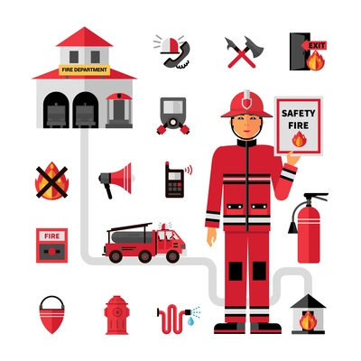 Fire department flat icons composition banner with facilities equipment and fireman holding safety tips abstract vector illustration