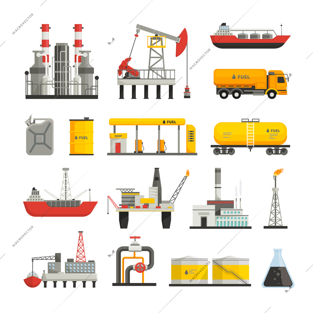 Different transports constructions and factories of oil petrol industry flat icons set isolated vector illustrations