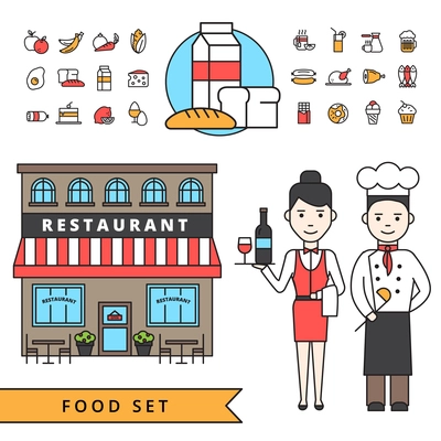 Coocking design concept with  waitress and chef near restaurant building and food icons set on white background flat isolated vector illustration