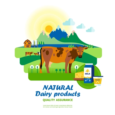 Natural dairy products quality assurance with cow on pasture in center of scene vector illustration
