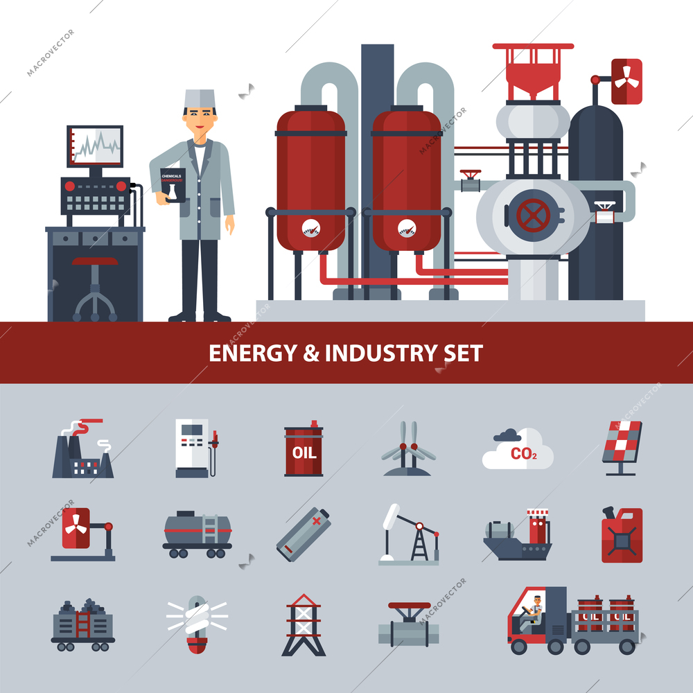 Energy and industry set with icons of different kinds of power isolated vector illustration