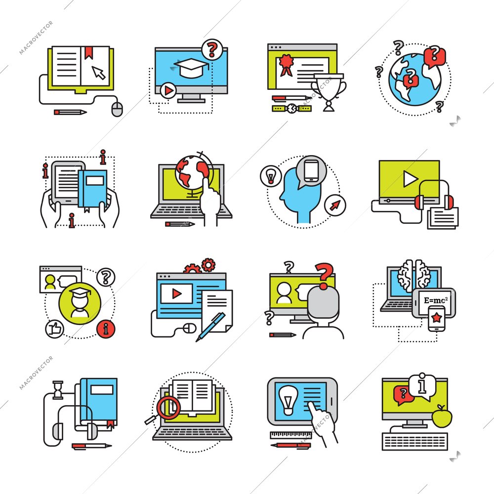 Flat icon set on theme online education with laptop monitor phone and pad communication isolated vector illustration
