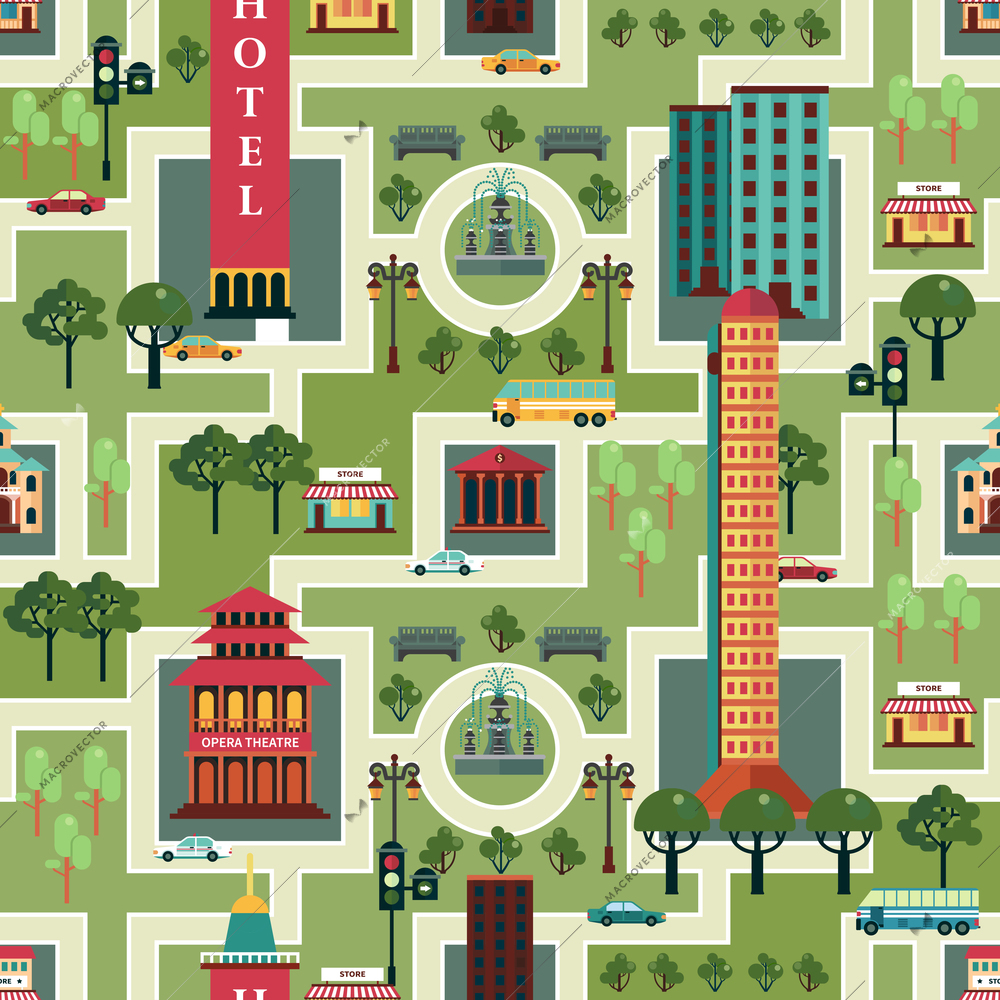 City seamless pattern with urban infrastructure on green background vector illustration