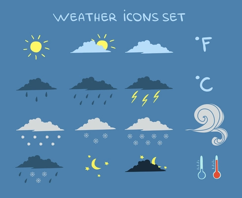 Weather forecast icons set of clouds clear sky and lightning vector illustration