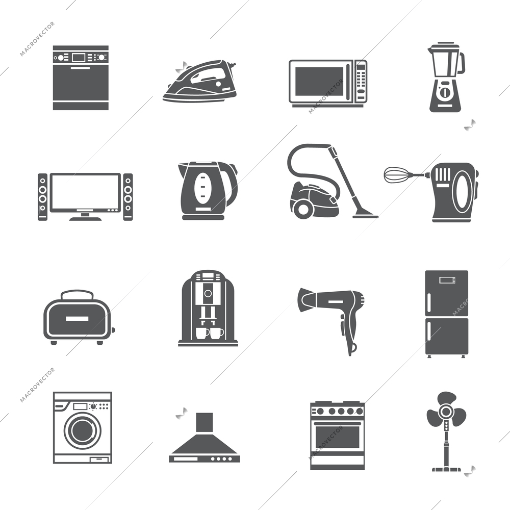 Black  household appliances icons set with kettle blender toaster vacuum iron  refrigerator washing stove isolated vector illustration