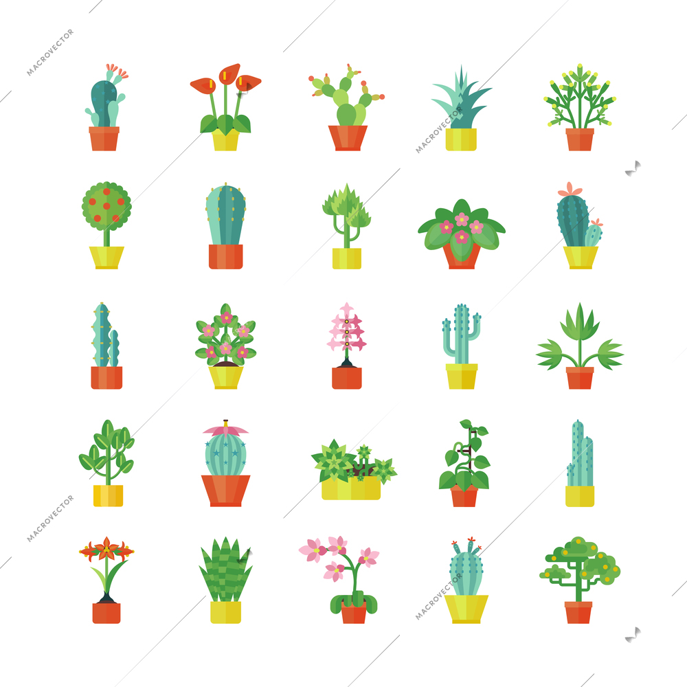 House plants and flowers for interior decoration  flat icons collection with aloe and geranium abstract isolated vector illustration