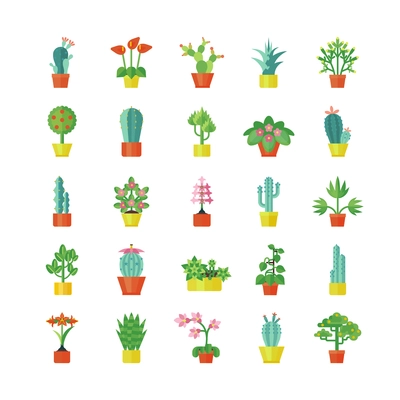 House plants and flowers for interior decoration  flat icons collection with aloe and geranium abstract isolated vector illustration