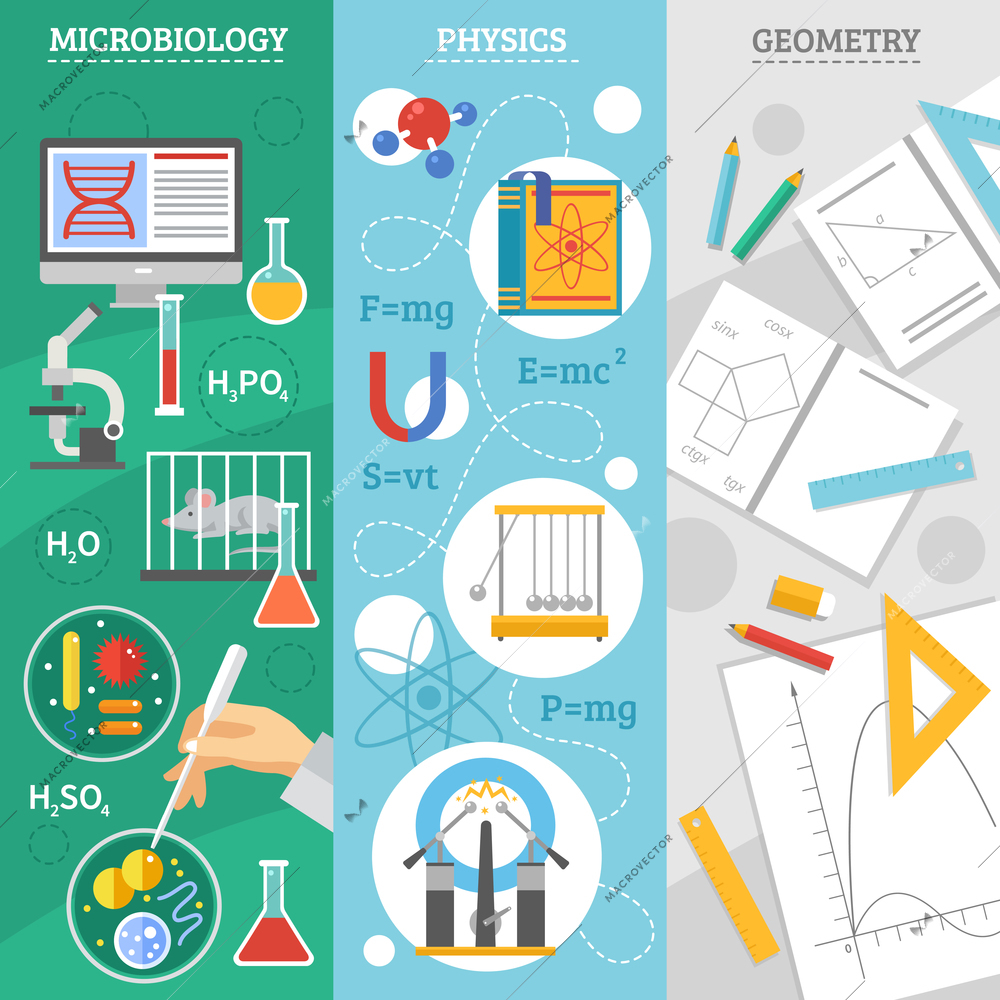 Exact science 3 flat vertical banners set with microbiology physics and geometry symbols abstract isolated vector illustration